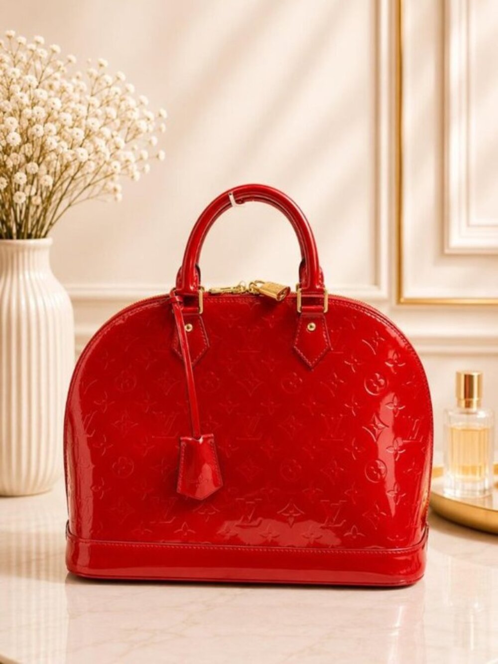 Authentic Louis Vuitton Alma GM Red Vernis Patent Leather Satchel Handbag